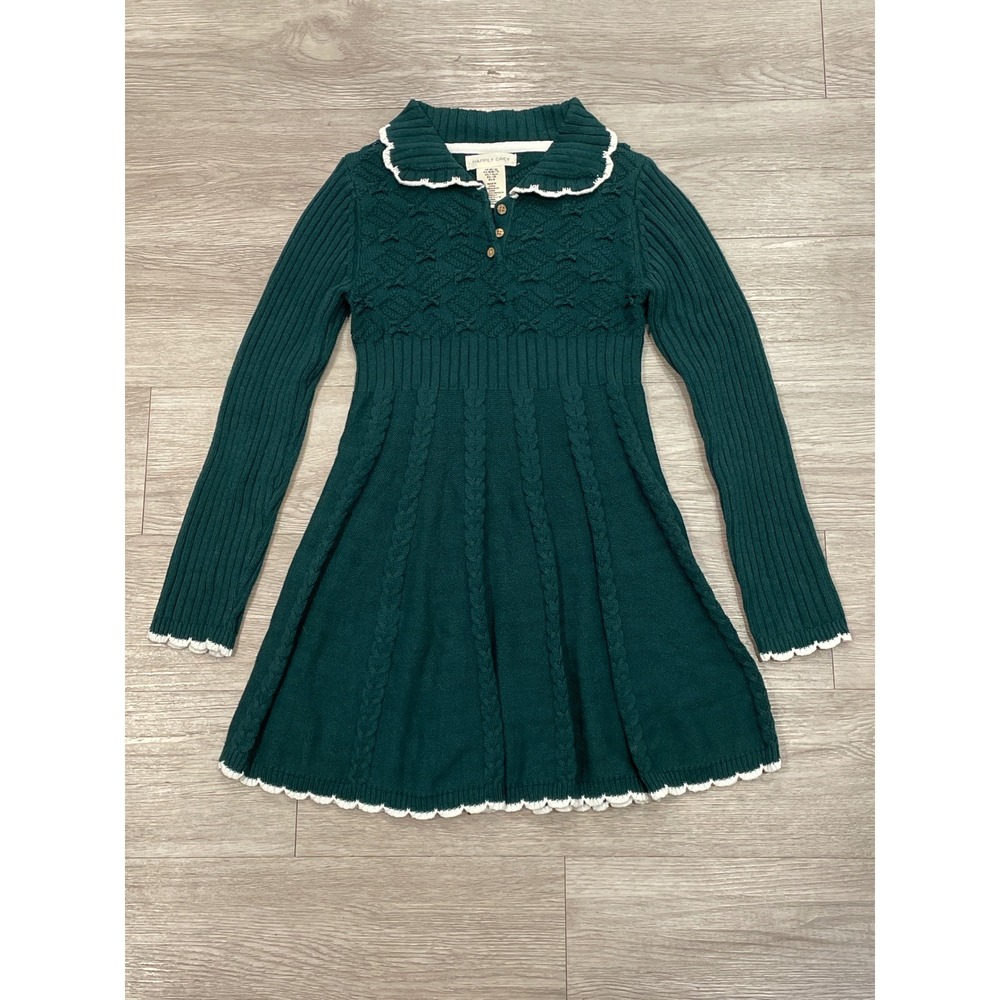 Happily Grey Girls Sweater Cable Knit Dress Green Holiday Size 7/8 Long Sleeve